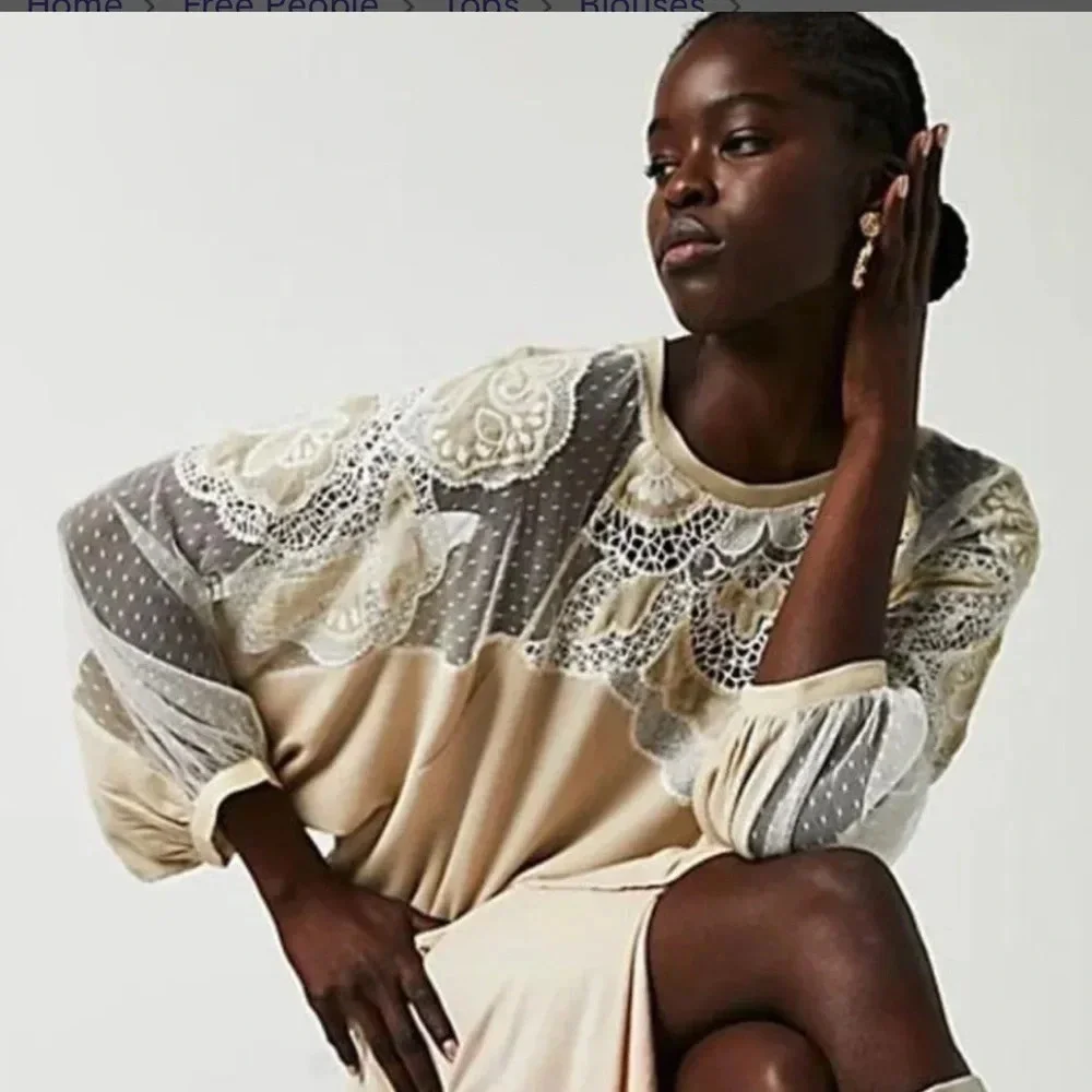 Free People Toni Top Embroidered Lace Long Sleeve Knit in Morning Oat Si…